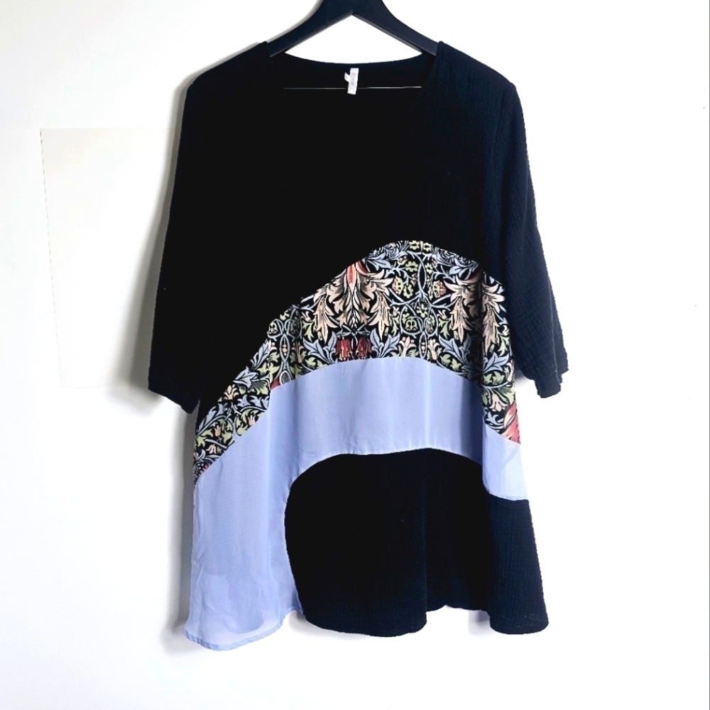 Lindi Gauze Black Cotton Floral Swirl 3/4 Sleeves Tunic Women's Blouse Size 2X - Picture 2 of 8